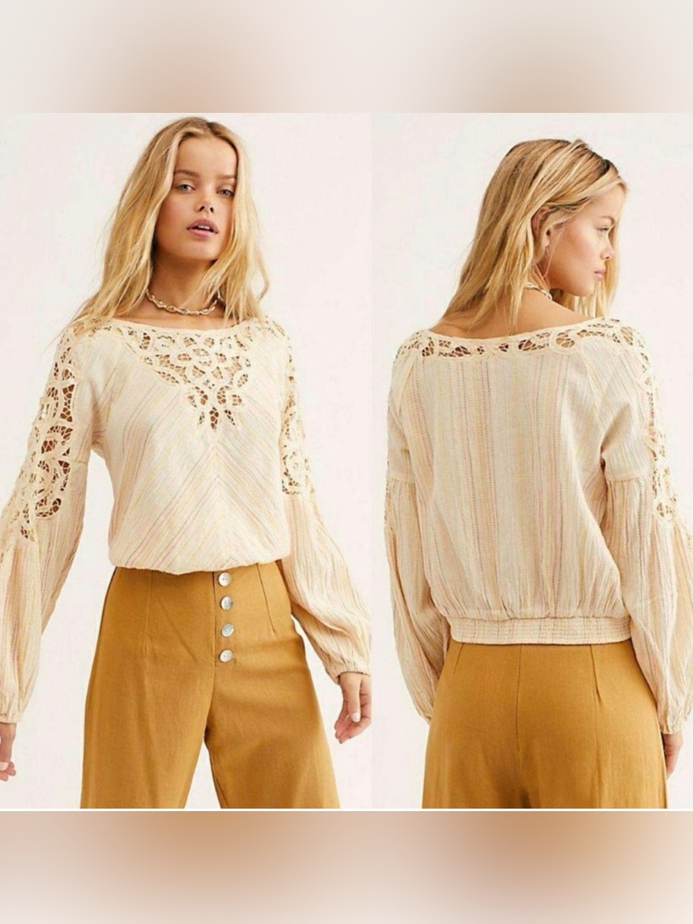 Free People Floating Memories Blouse Retro Crochet Lace Ivory size L Boho